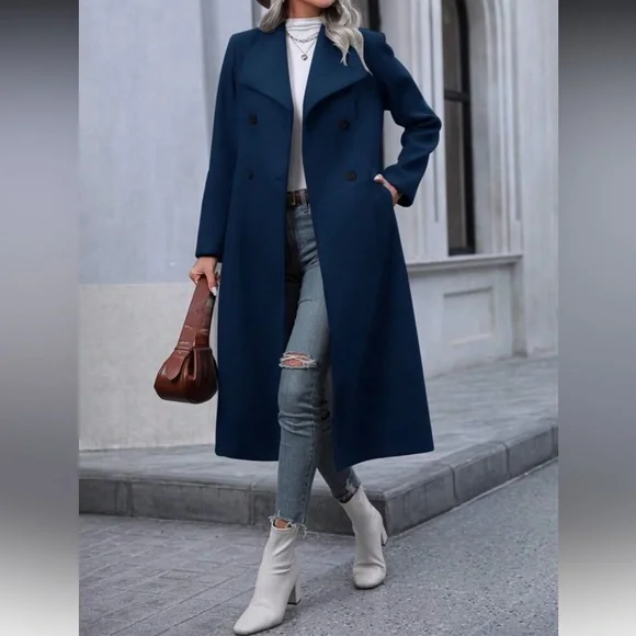 Elegant Blue Double-Breasted Women's Coat